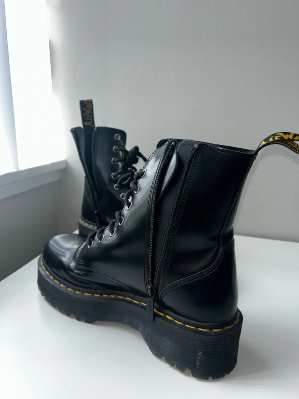 Dr. Martens Black Platform Lace-Up Boots with Yellow Stitching - Picture 5 of 7
